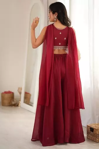 Dark rani pink color crunchy silk embroidered work crop top Palazzo dupatta set 