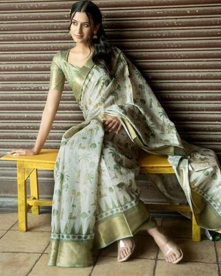 Off white polyester printed saree with blouse 1