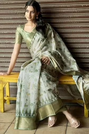 Off white polyester printed saree with blouse
