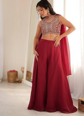 Dark rani pink color crunchy silk embroidered work crop top Palazzo dupatta set  3