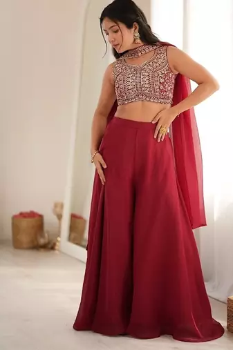 Dark rani pink color crunchy silk embroidered work crop top Palazzo dupatta set 