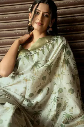 Off white polyester printed saree with blouse