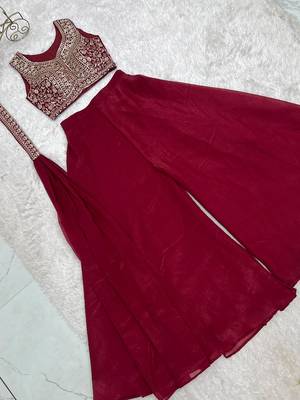 Dark rani pink color crunchy silk embroidered work crop top Palazzo dupatta set  4