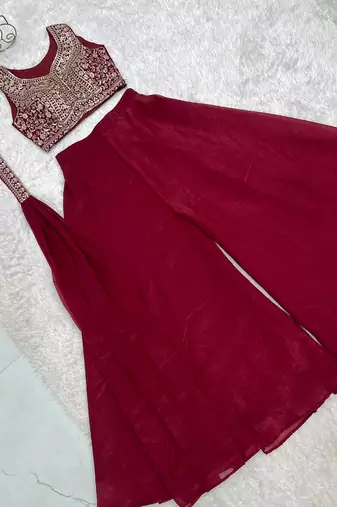Dark rani pink color crunchy silk embroidered work crop top Palazzo dupatta set 