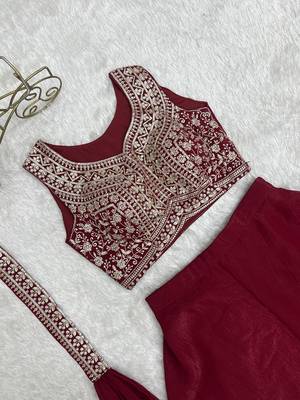 Dark rani pink color crunchy silk embroidered work crop top Palazzo dupatta set  5
