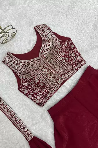 Dark rani pink color crunchy silk embroidered work crop top Palazzo dupatta set 