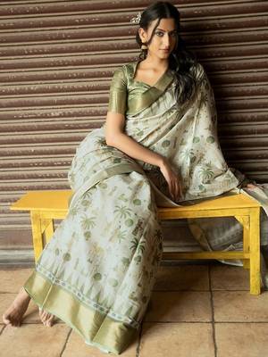 Off white polyester printed saree with blouse 3