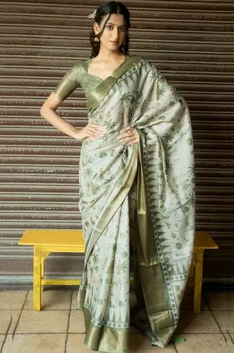 Off white polyester printed saree with blouse
