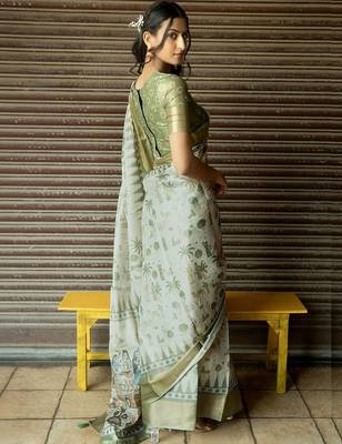 Off white polyester printed saree with blouse 5