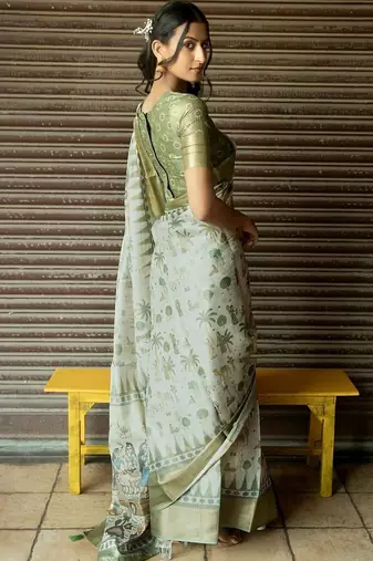 Off white polyester printed saree with blouse