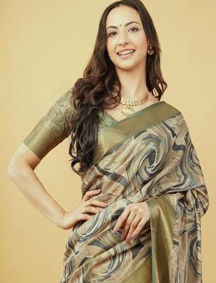 Olive polyester printed saree with blouse 1