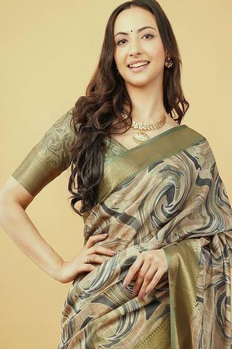 Olive polyester printed saree with blouse