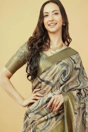 Olive polyester printed saree with blouse
