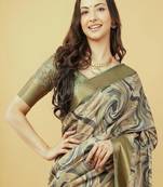 Olive polyester printed saree with blouse