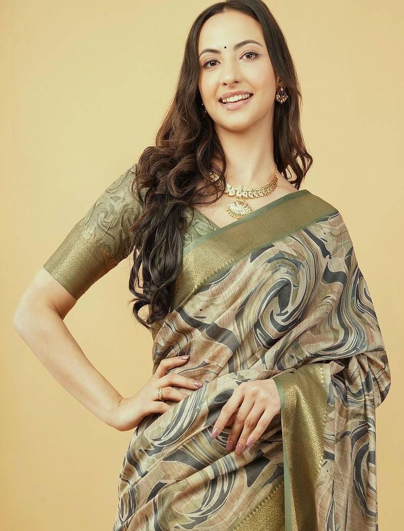 Olive polyester printed saree with blouse