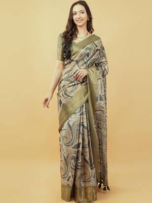 Olive polyester printed saree with blouse 2