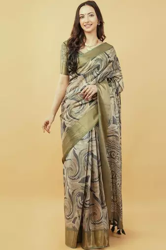Olive polyester printed saree with blouse