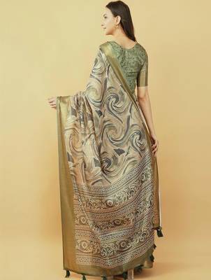 Olive polyester printed saree with blouse 3