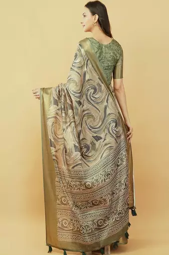 Olive polyester printed saree with blouse