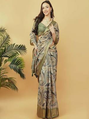 Olive polyester printed saree with blouse 4
