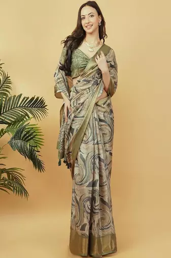 Olive polyester printed saree with blouse