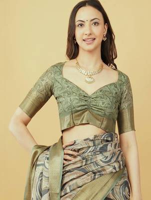 Olive polyester printed saree with blouse 5