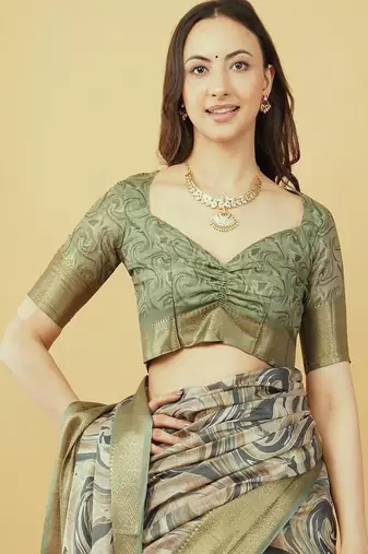 Olive polyester printed saree with blouse