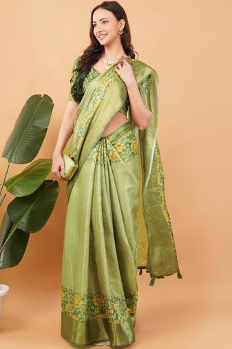Lime polyester printed saree with blouse