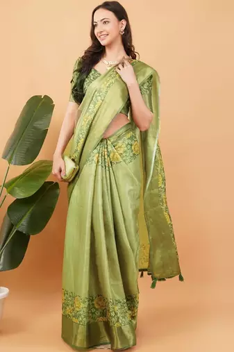 Lime polyester printed saree with blouse