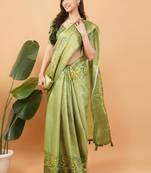 Lime polyester printed saree with blouse