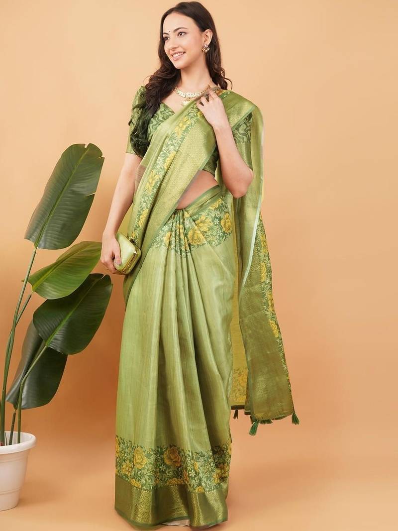 Lime polyester printed saree with blouse
