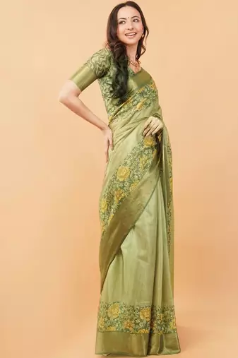 Lime polyester printed saree with blouse