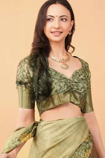 Lime polyester printed saree with blouse