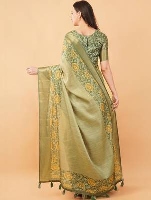 Lime polyester printed saree with blouse 4