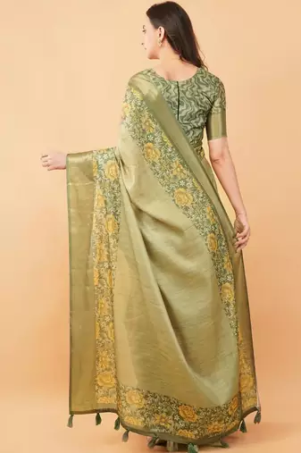 Lime polyester printed saree with blouse