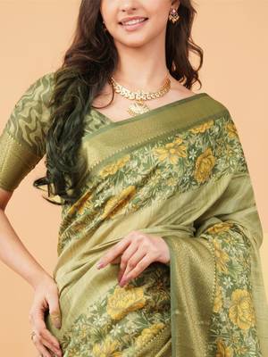 Lime polyester printed saree with blouse 5