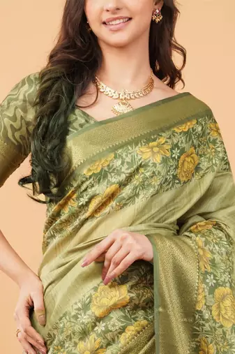 Lime polyester printed saree with blouse