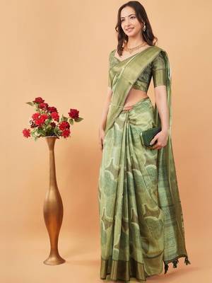 Olive polyester printed saree with blouse 1