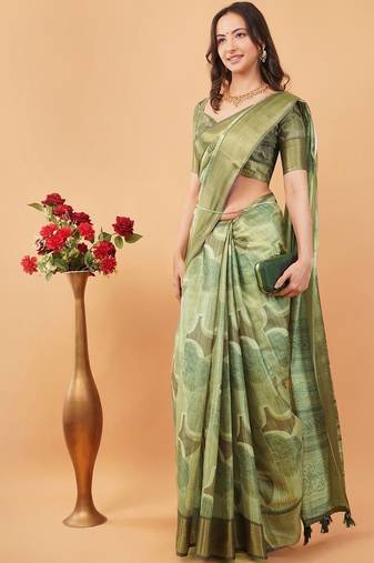 Olive polyester printed saree with blouse