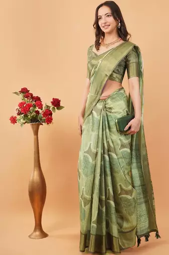 Olive polyester printed saree with blouse