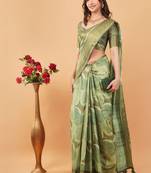 Olive polyester printed saree with blouse