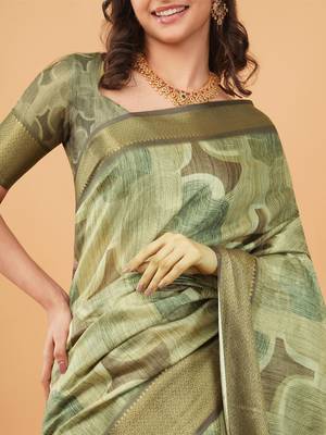 Olive polyester printed saree with blouse 2