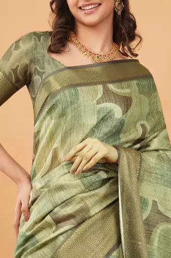 Olive polyester printed saree with blouse