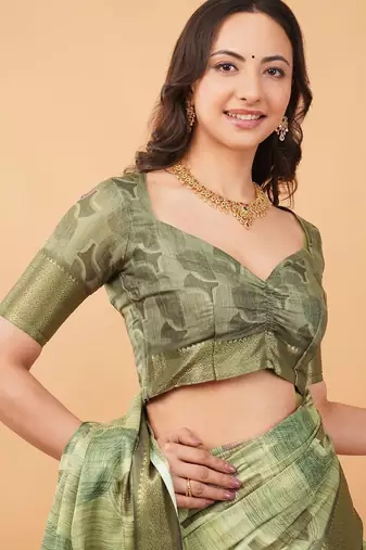 Olive polyester printed saree with blouse
