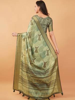 Olive polyester printed saree with blouse 4