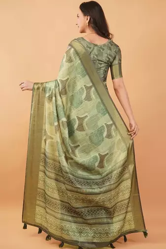Olive polyester printed saree with blouse