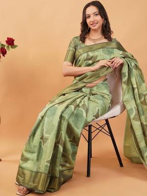 Olive polyester printed saree with blouse 5