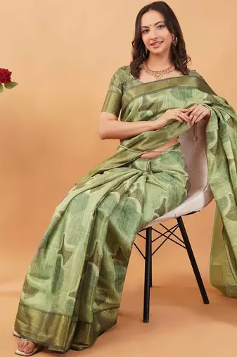 Olive polyester printed saree with blouse