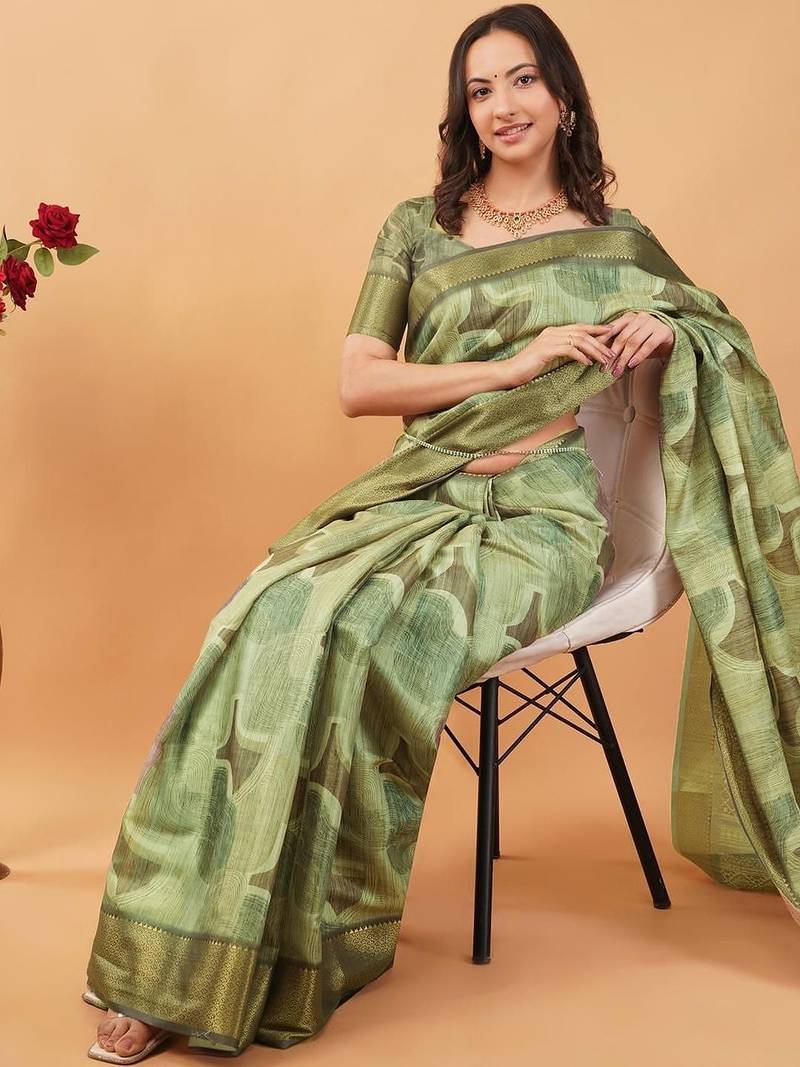Olive polyester printed saree with blouse