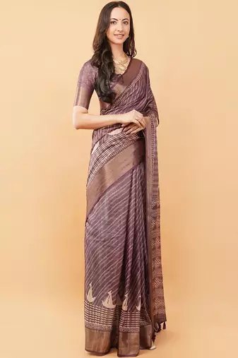 Purple polyester woven design saree with blouse